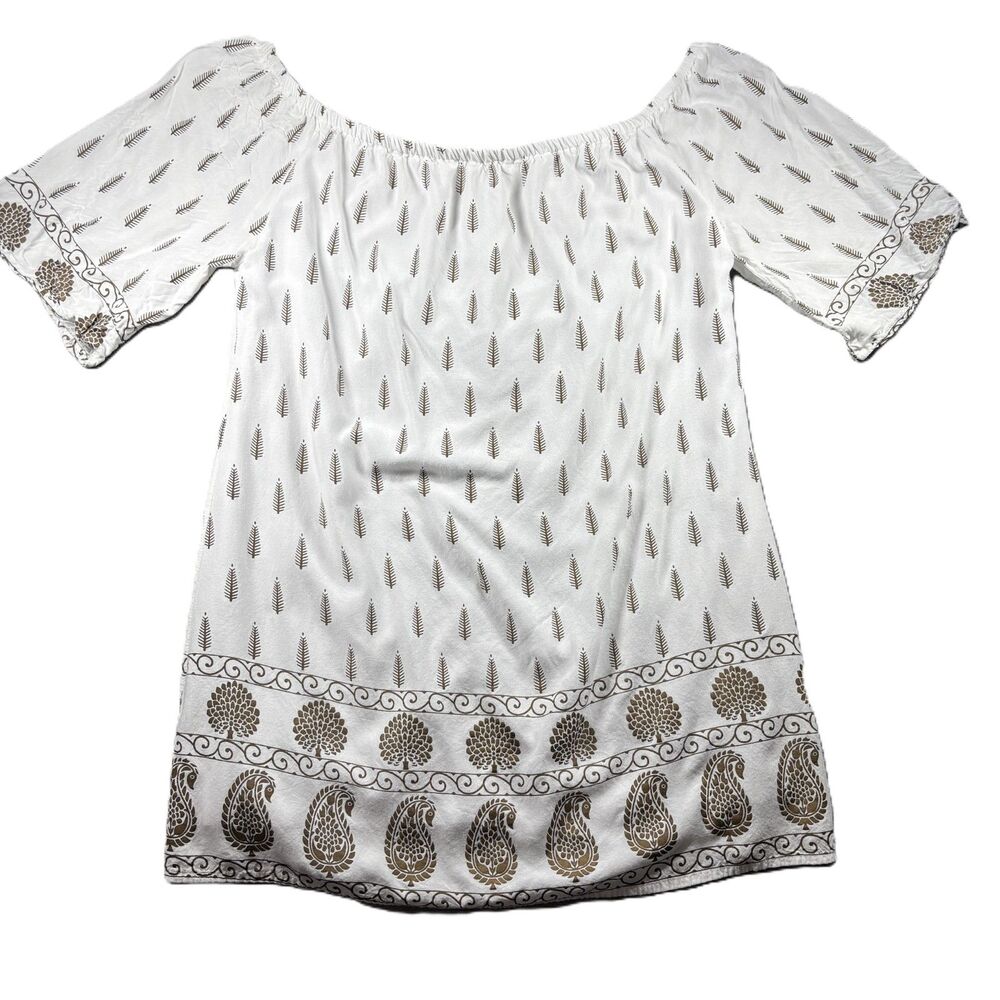Lapogee Women Dress Tunic Off Shoulder White Gold Boho Festival Coastal 3X G293